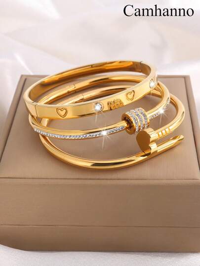 Camhanno 1/2/3件轻奢优雅，大气时尚不锈钢百搭旋转，单排水钻，爱心/花朵浮雕手链适合日常佩戴，节日女友情人节，妈妈，母亲，母亲节，礼物