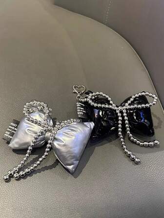1pc Beaded Bow Decor, Silver Beaded Bow, Heart Shaped Keychain Bag Charm, Suitable For Daily Life, Gatherings, Festivals, Gifts Valentines