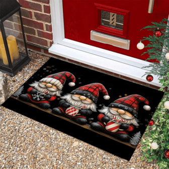 1pc 'Black Base Three Gnomes With Plaid Santa Hats Holding Cups Christmas' Doormat, Indoor Mat, Throw Rug, Creative Door Mat, Entryway Themed Mat, Home Decor, Non-Slip Floor Rug Mat, Bedroom Accessories, Photo Props, Outdoor Decor, Throw Rug, Area Rug, Gift