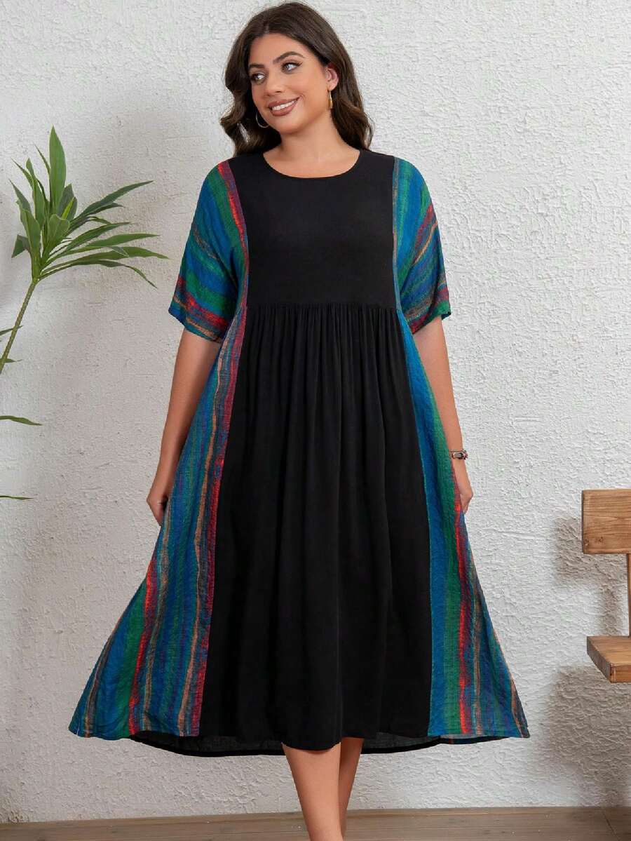 上衣波西米亚风夏季假圆领露肩袖条纹配色宽松摆短袖连衣裙，大码休闲度假沙滩裙， - 黑色 - 查看 1