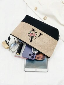 1件卡其色花卉字母图案女士手提包兼化妆包，送给优秀教师的礼物，可重复使用的托特包，女士简约大容量旅行化妆包，多功能便携式女士礼品