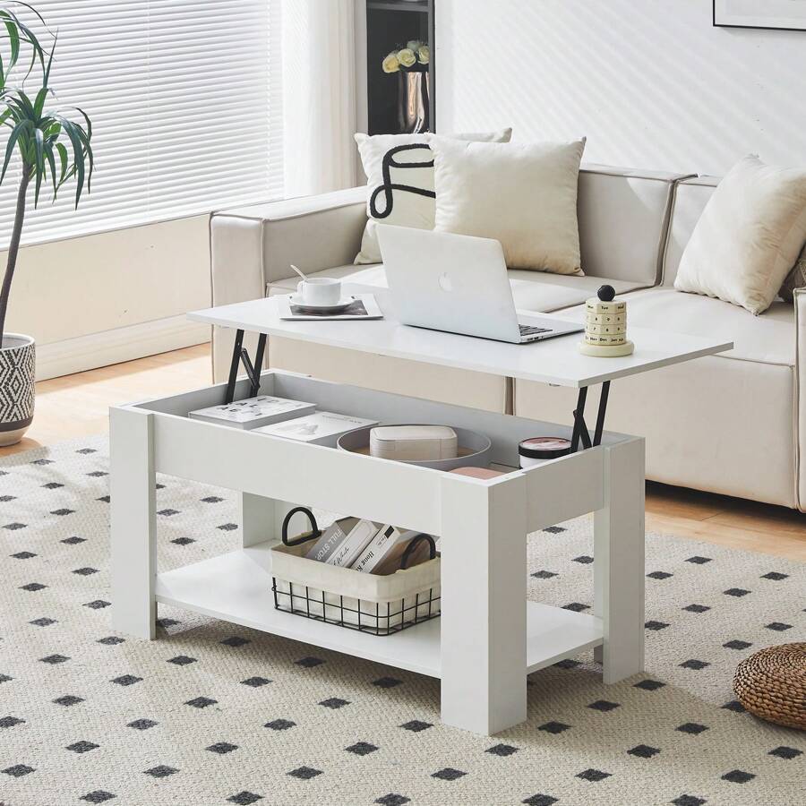 CLIPOP Lift Top Coffee Table, Wooden Coffee Table With Hidden Compartment And Open Storage Shelf,Modern Sofa Side Table Center Table For Living Room And Bedroom - White - View 1