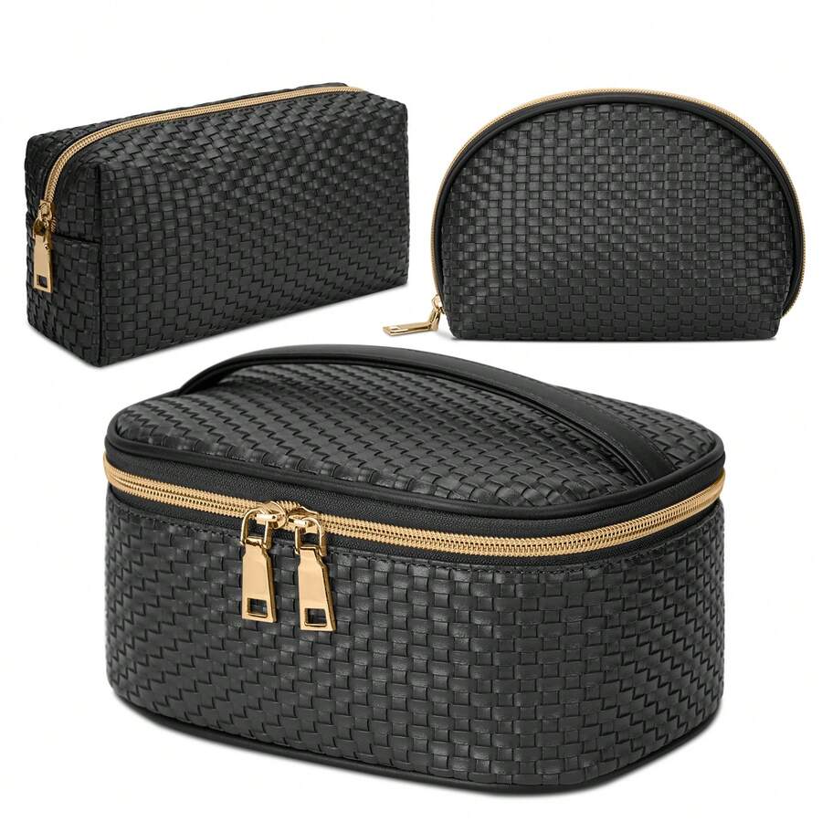 [情人节]化妆包3件套防水化妆包便携式旅行化妆包多功能收纳包编织女士洗漱包