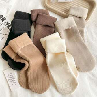 1/5pairs Women's Solid Color Thickened Thermal Lined Winter Snow Socks For Warm Keeping