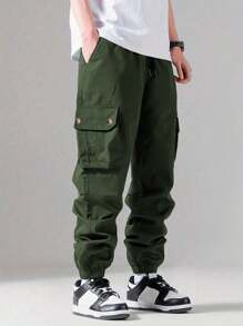 Shendy Vendy Men's Loose Drawstring Elastic Waist Cuffed Jogger Pants With Slant Pockets - 橄欖綠 - 查看 4