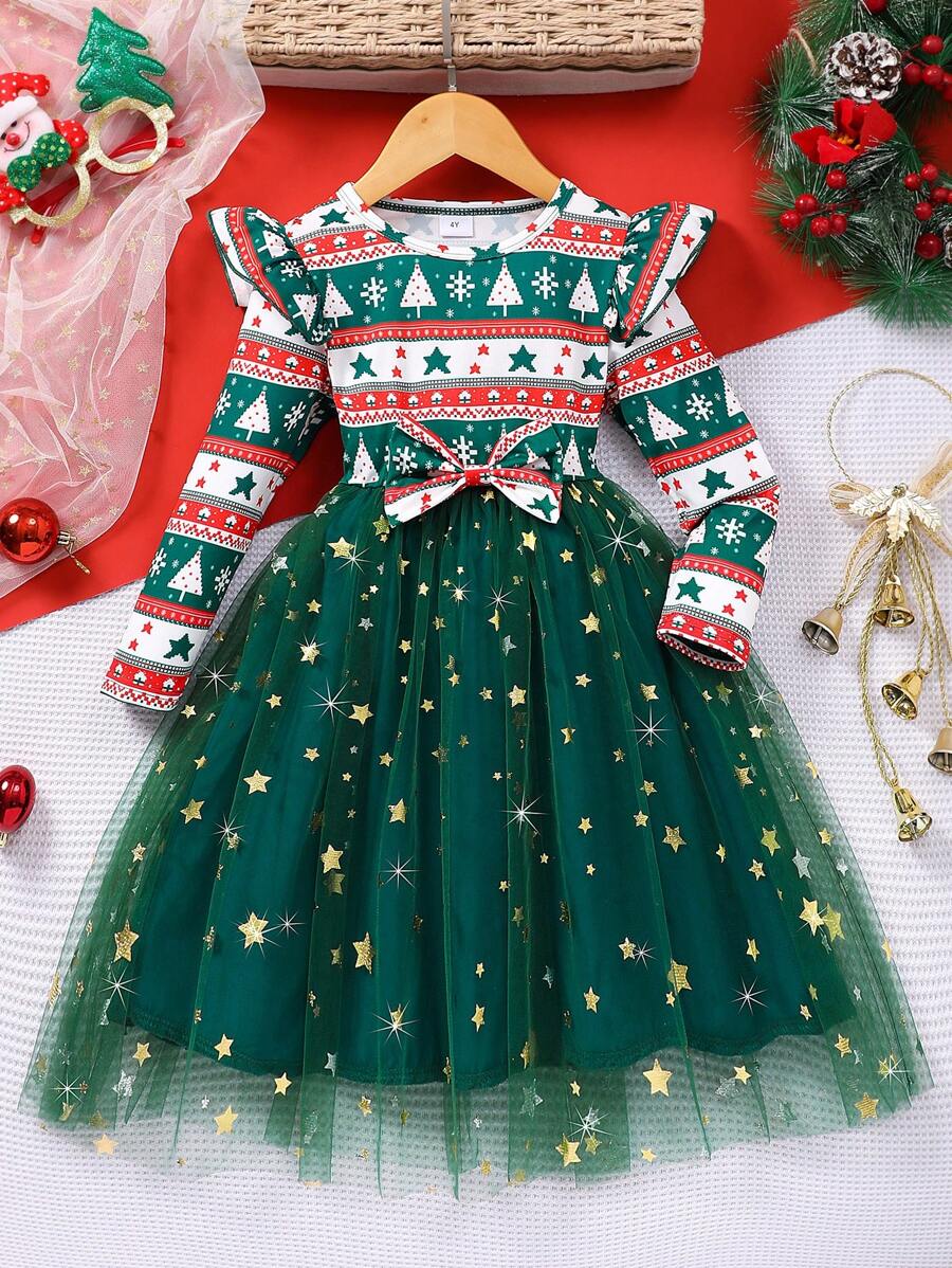 年轻女孩圣诞印花蝴蝶结点缀网眼可爱连衣裙，长袖