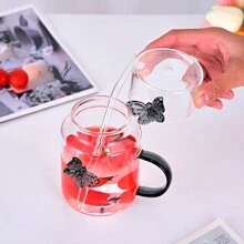 4 chiếc cốc thủy tinh chịu nhiệt Borosilicate cao cấp 500ml/17oz, cốc thủy tinh đựng nước ép Butterfly Juice trong suốt dày, một lớp có ống hút thủy tinh - Xám - Xem 5