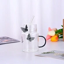 4 chiếc cốc thủy tinh chịu nhiệt Borosilicate cao cấp 500ml/17oz, cốc thủy tinh đựng nước ép Butterfly Juice trong suốt dày, một lớp có ống hút thủy tinh - Xám - Xem 3