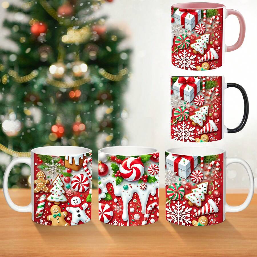 1 件 11 盎司陶瓷杯，圣诞装饰元素，带手柄的便携式杯子，送给朋友和家人的理想礼物，圣诞派对饮具，圣诞前惊喜 - 彩色 - 查看 1