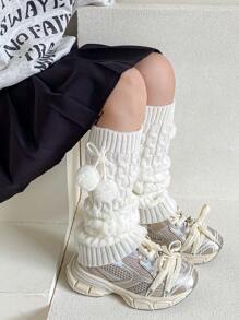 1 Pair Girls' Thick Knit Cable Leg Warmers With Pom Poms For Spring/Autumn