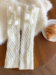 1 Pair Girls' Thick Knit Cable Leg Warmers With Pom Poms For Spring/Autumn
