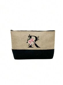 1件卡其色花卉字母图案女士手提包兼化妆包，送给优秀教师的礼物，可重复使用的托特包，女士简约大容量旅行化妆包，多功能便携式女士礼品