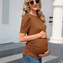Lightweight Dusty Pink Maternity Tunic Top - Women's Puff Short Sleeve Knit Shirt With Breathable Comfort For Office, Parties, And Casual Wear, Side Ruched Design, Perfect For Pregnancy - 瀏覽 - 查看 4