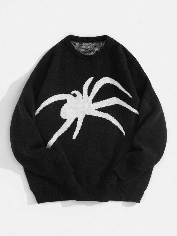 Jersey de cuello redondo de manga larga holgado con estampado de araña, estilo casual americano de punto para hombre