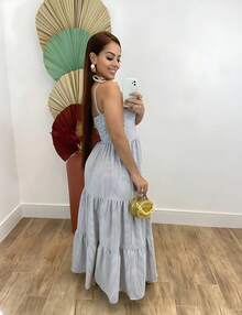 Women's Long Dress Três Marias Striped With Straps Spring And Summer - 藍色 - 查看 2