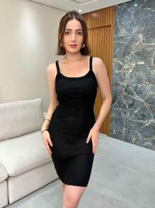 Women's Short Tank Top Dress Ribbed Plain Knit - màu đen - Xem 1