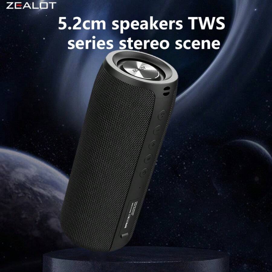 ZEALOT S51 20W 无线扬声器，户外便携式低音炮扬声器，无线扬声器，双配对，1800mAh 电池，10 小时播放时间，大声立体声，震撼低音，充电线，兼容 TF USB 插入卡 - 黑色 - 查看 1
