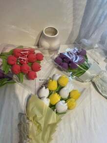 手工编织郁金香纱线花束 - 永恒仿真花 - 情人节和毕业礼物的完美之选，情人节，礼物 - 彩色 - 查看 3