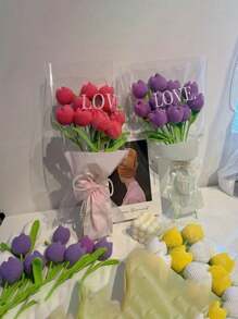 手工编织郁金香纱线花束 - 永恒仿真花 - 情人节和毕业礼物的完美之选，情人节，礼物 - 彩色 - 查看 4