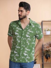 Men's Hawaiian Floral Printed Viscose Short Sleeve Shirt - màu xanh lá - Xem 2