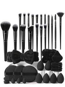 ALL-IN-1 54/49/42/44/24/9/3pcs Makeup Brush Set Includes 30pcs Brushes (Powder, Blush, Highlight, Eyeshadow, Mascara, Eyeliner, Contour Brushes), 6pcs Makeup Sponge, 6pcs Triangle Sponges, 3pcs Mini Cosmetic Sponges, 3pcs Round Puff, 2pcs Wrist Band, 1pc Headband For Makeup Prep