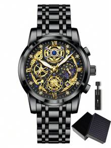 POEDAGAR 1 chiếc đồng hồ thạch anh thời trang nam bằng thép không gỉ chống thấm nước phát sáng, đồng hồ đeo tay thể thao nam có chức năng bấm giờ ngày, đồng hồ nam thường ngày có hộp, phù hợp để đeo hàng ngày, quà tặng nam - Một cỡ - Xem 14