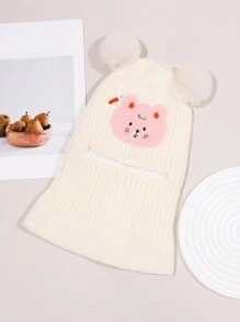 1 pièce Capuchon d'oreilles en tricot épais, chaud et coupe-vent pour l'hiver, avec broderie de personnage de dessin animé mignon et double pompon, pour fille