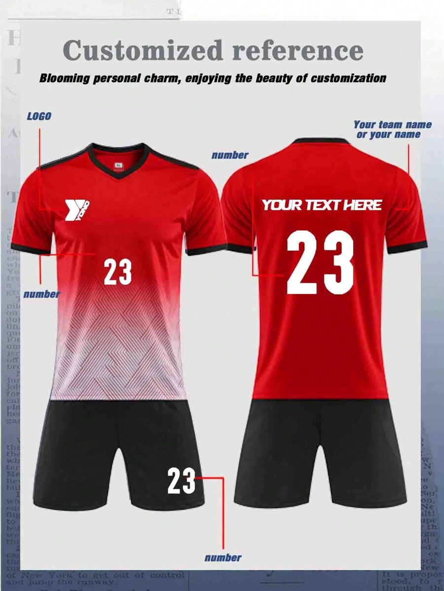 Customized Children's And Teenagers' Football Set (8-12 Years Old) - Personalized Jersey And Shorts Set With Customizable Logos, Numbers, And Text Content. Customized Football And Running Jerseys | Freely Printed Name And Number Team Badges | Multiple Colors To Choose From, Sports Training, Running, Football, Outdoor Casual Wear - Red - View 1