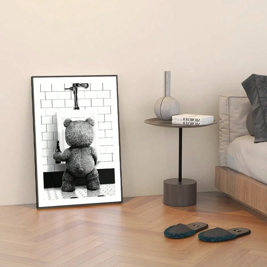 1 tấm Poster trang trí phòng tắm hình chú gấu dễ thương màu đen và trắng, Tranh in trên vải canvas, Trang trí phòng hiện đại, Không khung - Màu xám đen - Xem 1