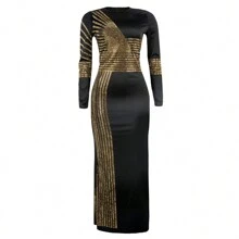 PORRCEY Women's Hot Diamond Craft Sexy Long Sleeve Dress Sexy Dress Party Club Evening Dress  Christmas Party New Year Eve Thanksgiving Family Outfits Valentine's Day Date Nght Carnival Masquerade Ball  Chinese New Year Wedding, Bachelor Party - Vàng - Xem 3
