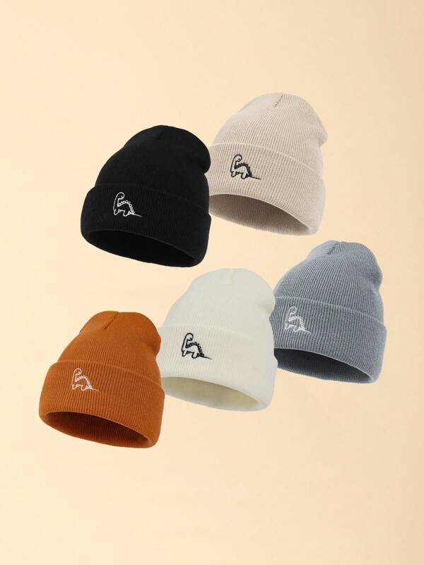 Set de 5 gorros de punto con bordado de dinosaurio bebé, cálidos, suaves y cómodos para uso diario y al aire libre