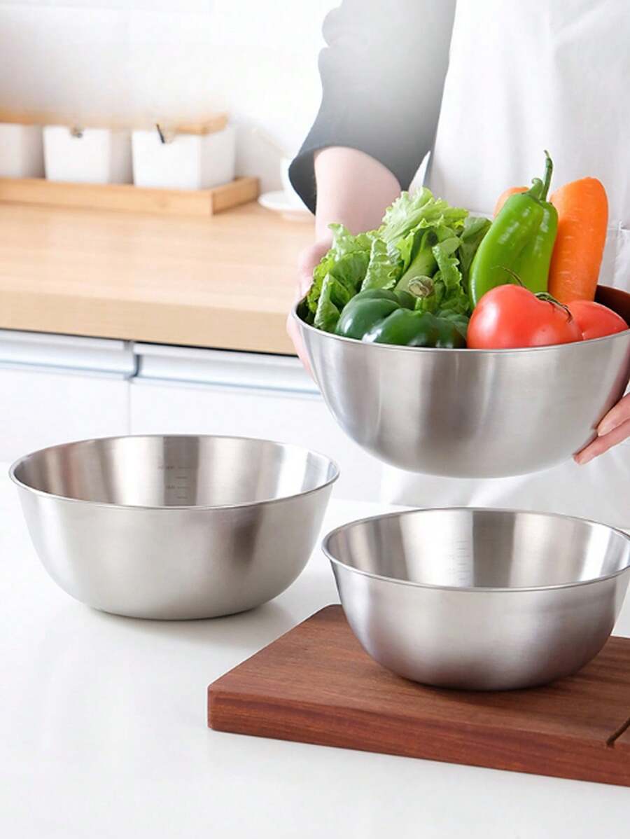 Juego de tazones de acero inoxidable para ensalada con escala, batir huevos y lavar verduras - Plateado - Ver 1