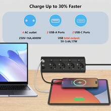 8 合 1 桌面夹式 USB 电源板，4 个 USB 充电端口和 4 个交流电源插座，适用于家庭、办公室、学校，5.9 英尺延长线 - 查看 2