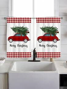 2 件圣诞树设计厨房窗帘套装 - 窗帘板采用杆袋设计，易于安装 - 非常适合卧室、书房、咖啡厅和客厅装饰（面料重量 120 克） - 彩色 - 查看 10