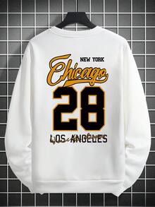 男士休闲街头风格骷髅和字母印花落肩宽松圆领运动衫，春/秋 - 白色 - 查看 4