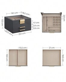SONGMICS Jewelry Box, 3-Tier Jewelry Box, Jewelry Case, With 2 Drawers, Glass Lid, Ample Space, Interstellar Grey And Gold MJBC239G02 - 灰色 - 查看 5