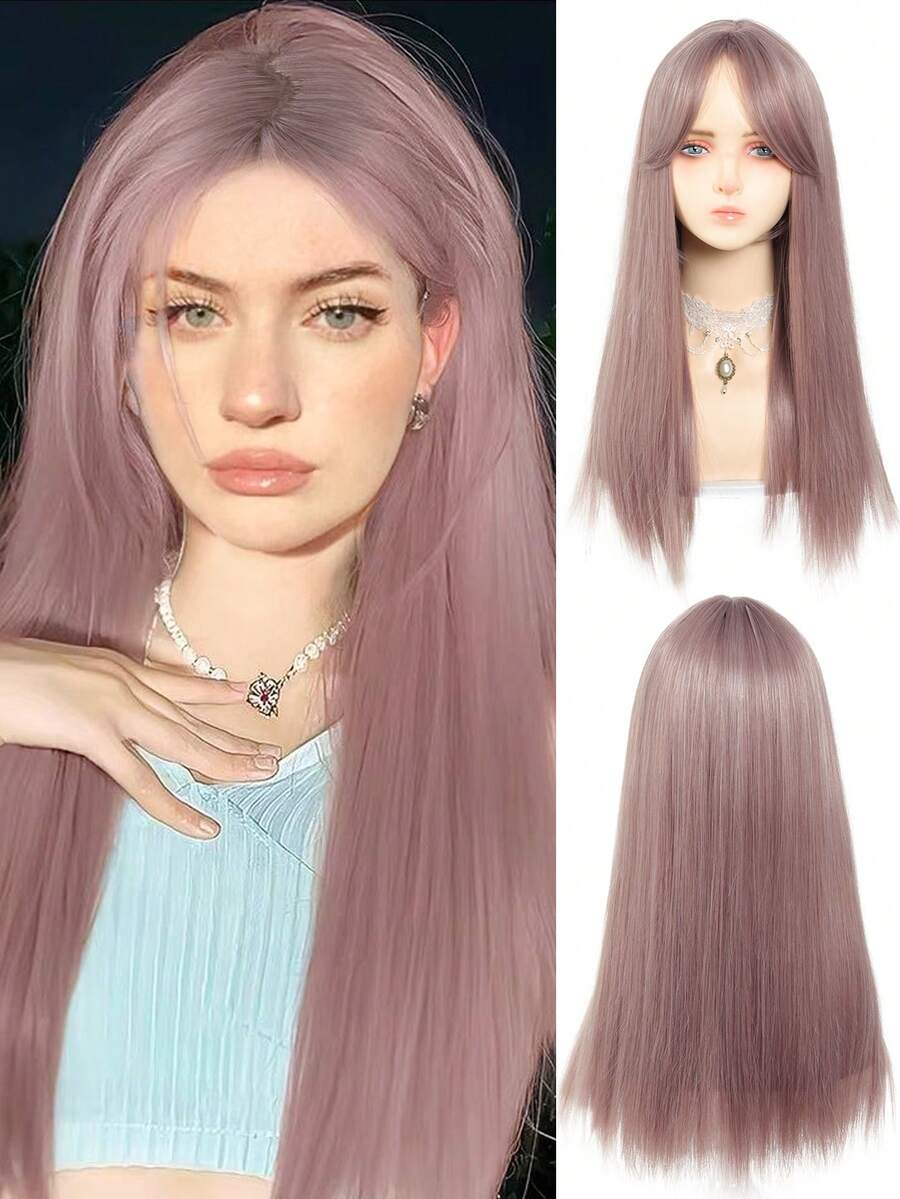 长直假发带刘海紫色多彩角色扮演丝质假发，适合女性日常派对自然柔软合成头发耐热长合成假发，带蓬松中分刘海日常使用角色扮演圣诞化妆舞会假发 - 淺灰紫 - 查看 1