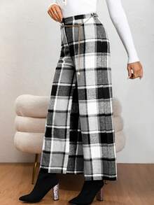 Ladies' Casual High Waisted Checkered Pants Suitable For Spring, Autumn, And Winter - Black and White - View 3