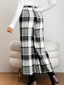 Ladies' Casual High Waisted Checkered Pants Suitable For Spring, Autumn, And Winter - Black and White - View 2