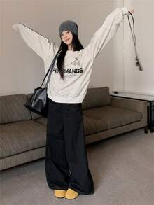 Sudadera holgada de manga larga con gráfico de letras, cuello caído y contraste de color para mujer - Gris - Ver 2