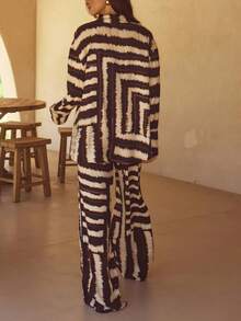 2pcs Spring/Summer Personalized Fashion Print Long Sleeve Patchwork Casual Vacation Suit Tops - Coffee Brown - View 3