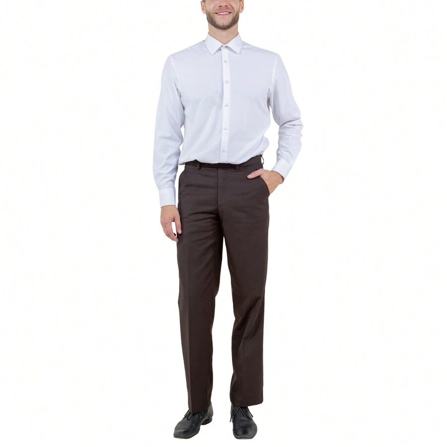 Mens Dress Pants Modern Fit Finished Bottom Solid Trousers - 棕色 - 查看 1