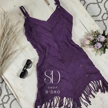Beach Cover-Up With Fringes And Ocean Waves - Purple - View 1