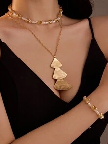 1 chiếc vòng cổ ngọc trai hình quạt cỡ lớn thời trang, vòng cổ tuyên bố thanh lịch mạ điện, có thể đeo riêng hoặc xếp chồng - Nhiều màu - Xem 1