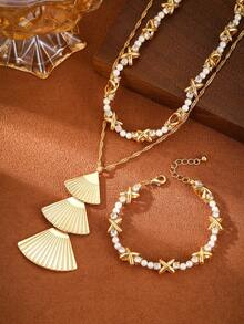 1 chiếc vòng cổ ngọc trai hình quạt cỡ lớn thời trang, vòng cổ tuyên bố thanh lịch mạ điện, có thể đeo riêng hoặc xếp chồng - Nhiều màu - Xem 2