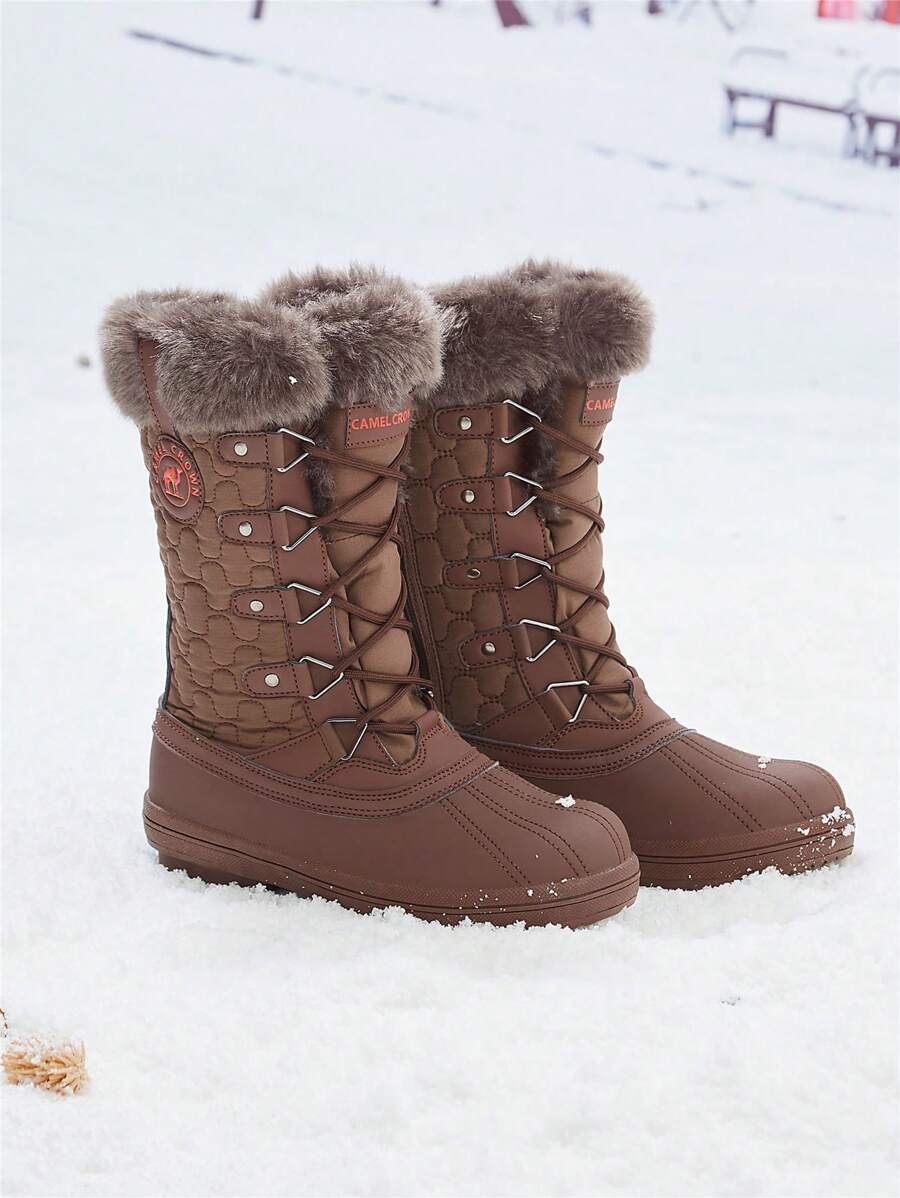 CAMEL CROWN 女士雪地靴冬季靴子内衬防水保暖雨靴带系带拉链户外