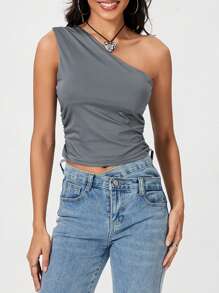 Women's Summer One Shoulder Tank Tops  Soft Stretchy Solid Color Floral For Daily Date Night Party - 灰色 - 查看 9