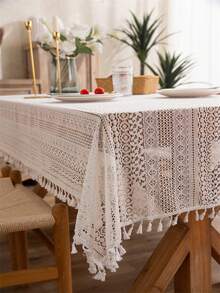 1 chiếc khăn trải bàn khoét rỗng màu be, khăn trải bàn cắt ren Farmhouse có tua rua, thích hợp cho phòng ăn, nhà bếp, phòng khách, phòng ngủ, khách sạn, trang trí tiệc, sử dụng cho mọi mùa - Màu be - Xem 2