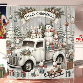 1 stuk Vrolijk Kerstmis Winter Douchegordijn Sneeuwpop Konijn Vrachtwagen Schattig Wit Douchegordijn Waterdicht Polyester Wasbaar Voor Kerstvakantie Badkamer Douche Huisdecoratie Ornamenten Met 12 Haken, Kerstversiering, Winterdecoraties Huis Badkamerdecoratie Herfstdecoratie Badkameraccessoires Terug naar school