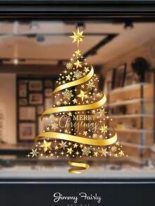 Gold Christmas Tree Window Adsorption Sticker Glass DIY, Electrostatic Window Murals Display Decal Stickers, Suitable For Scene Layout Window Decoration, Christmas Decoration